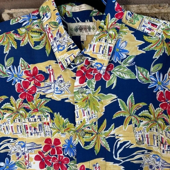 Campia Moda Vintage Hawaiian Floral Landscape 100% Rayon Camp Shirt Size Medium - Picture 7 of 7